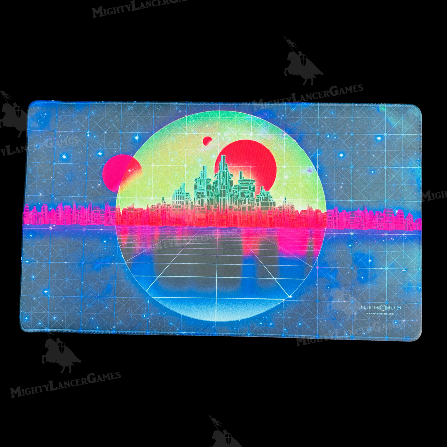 Retrowave Forest Play Mat from 1UP Dice with pixelated forest design, smooth fabric, rubber backing, and premium stitched edges for retro gaming enthusiasts.