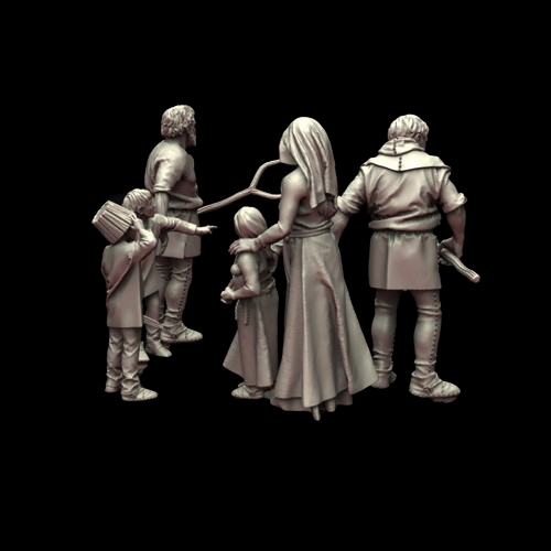Concerned Family by Iron Gate Scenery.&nbsp; A pack of six 28mm scale printed resin miniatures consisting of two males with weapons made from farming equipment, one female wearing a headscarf&nbsp; and long dress and three children one with a bucket on his head, one pointing and the other holding a toy doll making a great set of towns folk miniatures for your table top gaming and RPG needs, wonderful NPCs to add life to your table top adventure