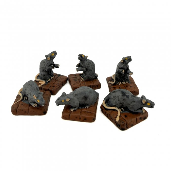 Set of six small rat figurines on brown bases against a white background. 20033 Giant Rats (6) - Reaper Legendary Encounters Pre-Painted