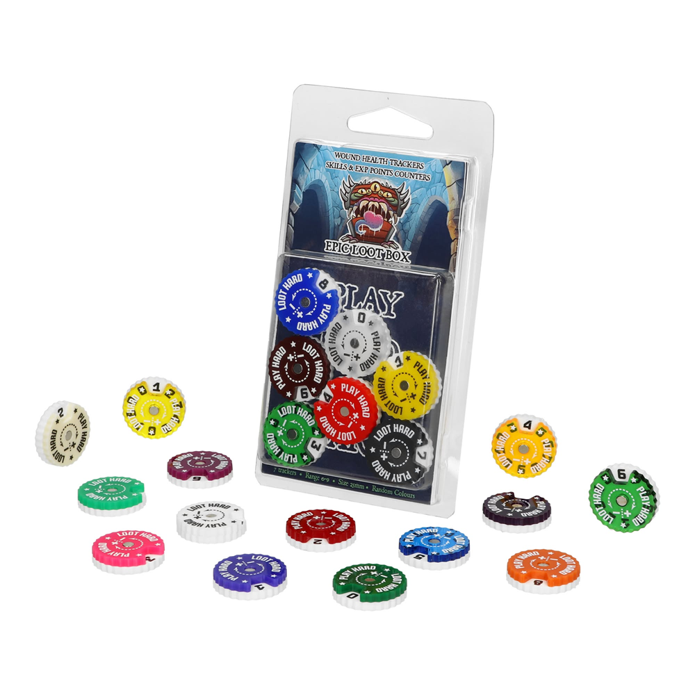 Set of colourful poker chips with a packaging display on a white background. 20mm Acrylic Trackers & Counters 0-9 Magnetic Set