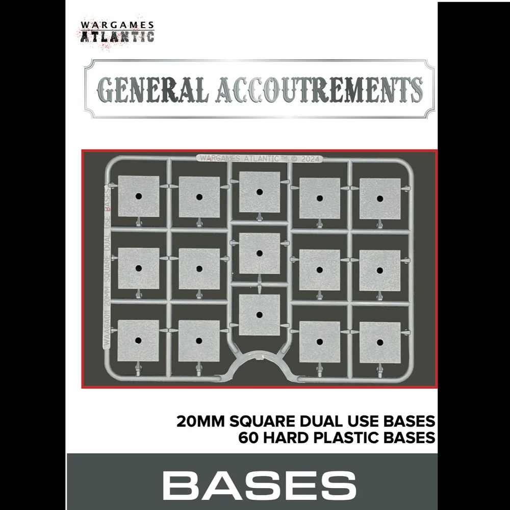 Product packaging for 'General Accoutrements' bases with a grid of square dual use bases on a white background.