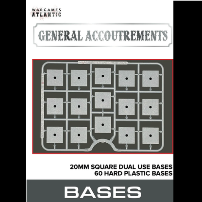 Product packaging for 'General Accoutrements' bases with a grid of square dual use bases on a white background.