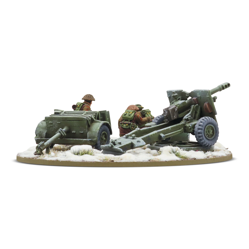 25-Pdr Light Howitzer With British Infantry (Winter) Crew. Model of soldiers with artillery and a jeep on a snowy base