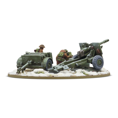 25-Pdr Light Howitzer With British Infantry (Winter) Crew. Model of soldiers with artillery and a jeep on a snowy base