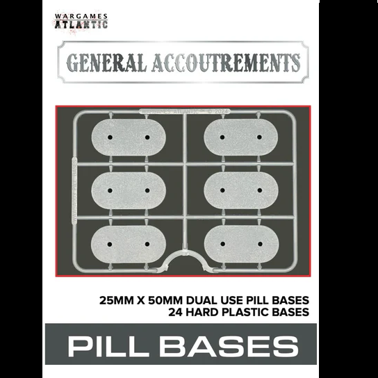 24 pill-shaped 25mm x 50mm hard plastic bases with 2mm low profile, recessed side for puddle bases, flat side for flat feet, and two 3mm x 1mm magnet holes.