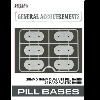 24 pill-shaped 25mm x 50mm hard plastic bases with 2mm low profile, recessed side for puddle bases, flat side for flat feet, and two 3mm x 1mm magnet holes.