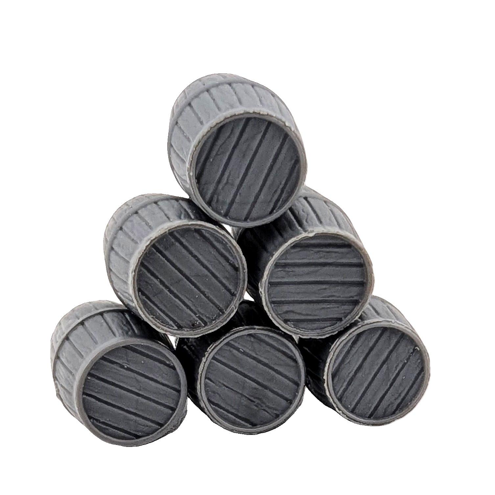 A set of eight grey, unpainted 28mm scale barrels, designed for tabletop games, featuring a coopered design ideal for scenery and objective markers.