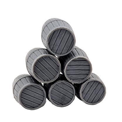 A set of eight grey, unpainted 28mm scale barrels, designed for tabletop games, featuring a coopered design ideal for scenery and objective markers.