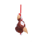 Nemesis Now Gremlins festive hanging ornament featuring Gizmo holding onto a red and white stripe candy cane. Christmas ornament 