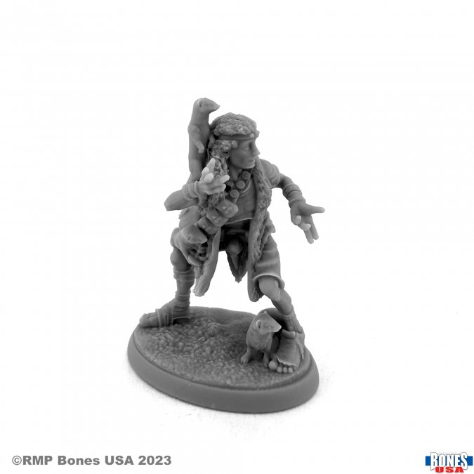 30159 Elusive Weaselmancer Druid from the Reaper bones USA legends range. Using high quality RMPrint material this miniature represents a human druid for your tabletop or painting hobby needs, wearing shorts and surrounded by his weasel animal companions a great edition to your RPG.