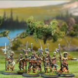 Fae Martial Phalanx by Oakbound Studio. A set of 11 lead pewter miniatures supplied with 30mm round lipped bases. Wonderfully armoured Fae warriors for your tabletop.