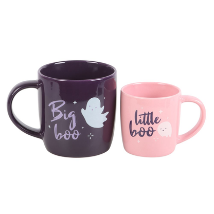 Big Boo Little Boo mug set. A super cute set of two mugs, one a smaller pink mug with the words Little Boo in purple and the other a larger mug with the words Big Boo in light purple making a charming and fun spooky edition to your family mug collection.