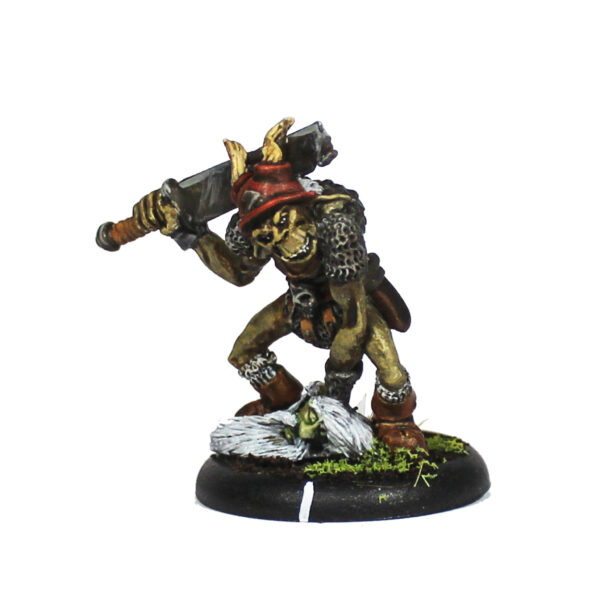 Stallu Redcap number 3 by Oakbound Studio. A multi part lead pewter miniature of a redcap warrior holding a large sword behind his head