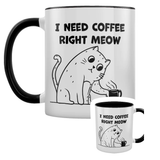 I Need Coffee Right Meow Black Inner Mug.  A white mug with black inner and handle featuring a cat pawing a mug and the words I Need Coffee Right Meow a great edition to your mug collection or as a gift for a cat loving friend.   