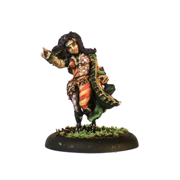 Guillare by Oakbound Stuido. A lead pewter miniature of a female with her hair down, wearing a long coat and pointing the way for your tabletop and RPGs. 