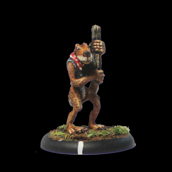 Chief Yaltog by Oakbound Studio. A lead pewter miniature of a fearsome weasel type creature holding a club making a great gang leader for your tabletop and RPGs.