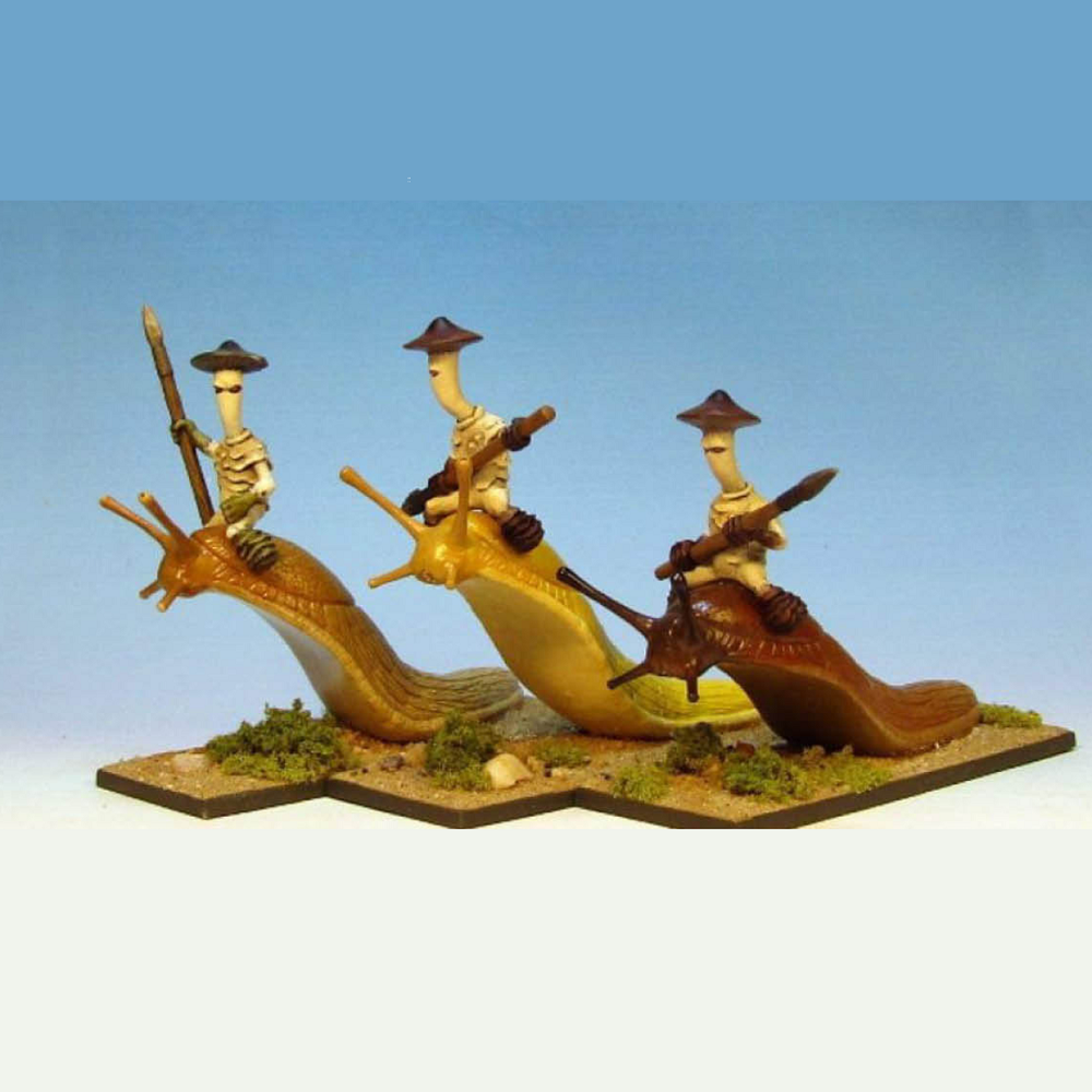 Mushiman Slug Riders by Crooked Dice a set of three 28mm scale miniatures for your tabletop games representing mushroom creatures riding slugs
