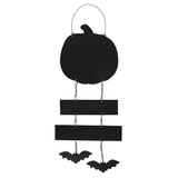 A hanging ornament for your spooktacular Halloween party and decorations with am orange pumpkin at the top, Happy Halloween in the middle and two bats at the bottom for your wall or door.