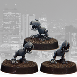 Robo-Rodents 3 by Crooked Dice.&nbsp; A set of three metal figures representing mechanical dog like creatures with two back legs and jaggered jaws making a great edition to your RPGs and tabletop gaming.