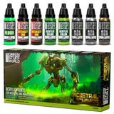 Ancestral Machines Paint Set by Green Stuff World. A set of 8 acrylic paints with an opaque and smooth matt finish. Made using the new Green Stuff World Maxx Formula and are provided in dropper bottles for easier flow control. 