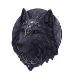 Nemesis Now Wolf Moon Wall Plaque. A hand painted black wolf with forehead jewels and silver detailing