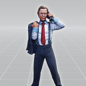 Yuppie by Crooked Dice a white metal miniature for your tabletop games representing a fast talking, power suit wearing, mobile wielding male making deals all day and hanging out in the wine bars at night networking ready for the next day.