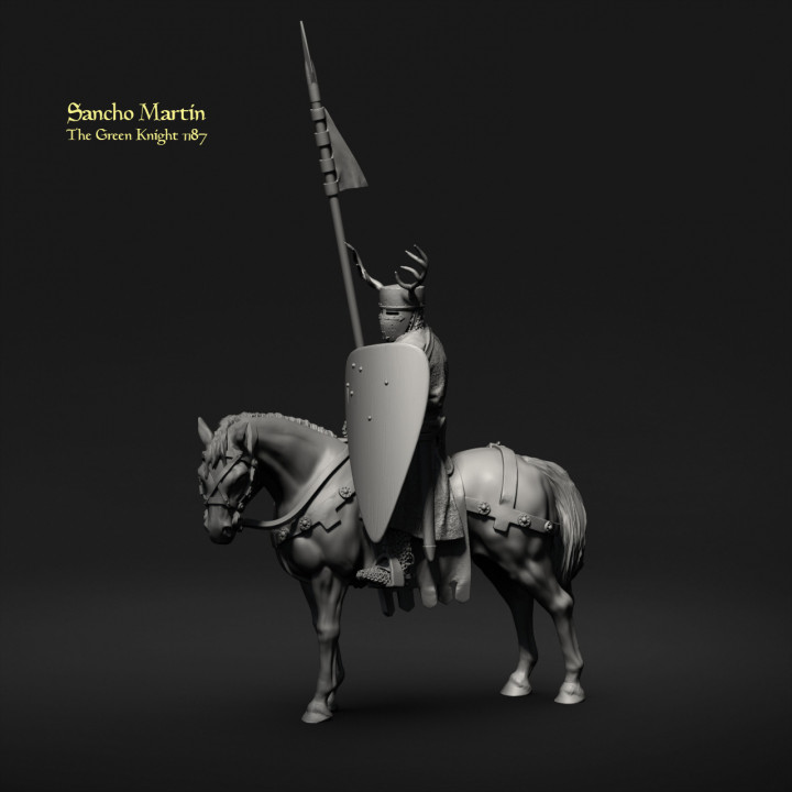 Sancho Martin, The Green Knight by Iron Gate Scenery.&nbsp; A 28mm scale printed resin miniature consisting of one knight, one horse a lance and shield for your table top gaming and RPG needs