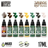 Savage Reptiles Paint Set by Green Stuff World. A set of 8 acrylic paints with an opaque and smooth matt finish. Made using the new Green Stuff World Maxx Formula