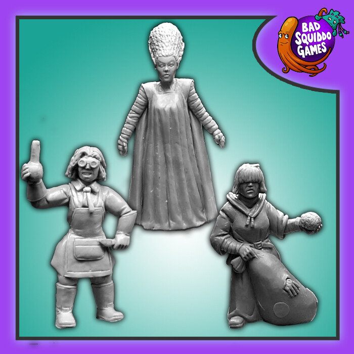 Bad Squiddo Games Victoria Frankenstein With Shegor & Her Creation. A set of three single sculpt metal miniatures representing female Frankenstein, her helper and creature