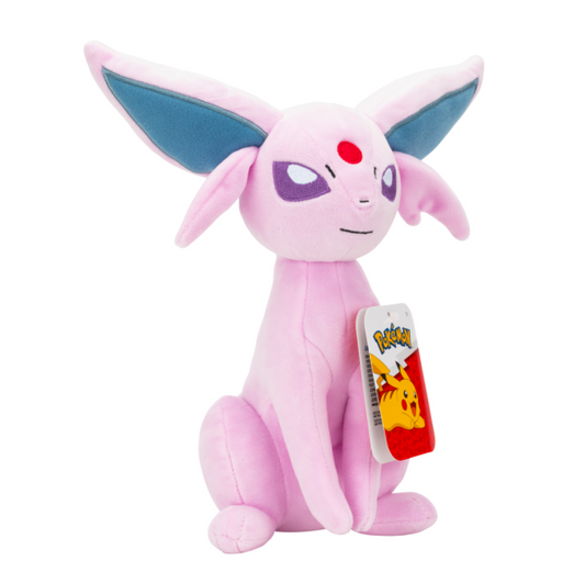 A pink plush toy of Eevee, a cha...