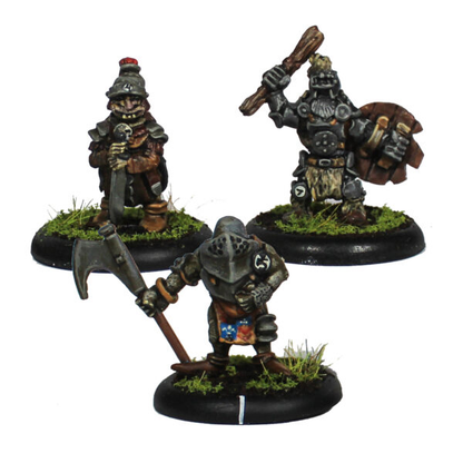 Bogle Warriors set number 1 by Oakbound Studio. A set of three multi part lead pewter miniatures of goblin warriors wearing  armour and carrying various weapons
