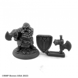 07109 Hagar Dwarf Fighter sculpted by Werner Klocke from the Reaper Miniatures Bones USA Dungeon Dwellers range. A Dwarf RPG miniature which comes with optional axe or shield for the left hand giving you the choice making a great player character or NPC for your tabletop games.