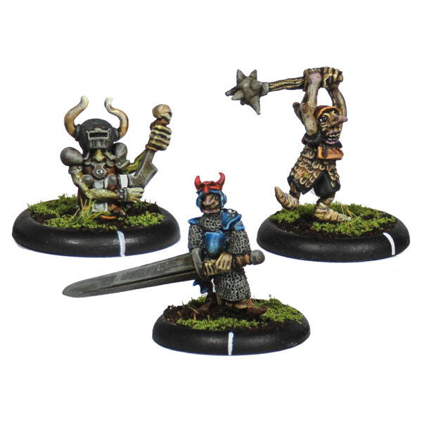 Bogle Warriors set number 3 by Oakbound Studio. A set of three multi part lead pewter miniatures of goblin warriors wearing  armour, carrying various weapons (including one with a giant sword) and being full of character