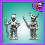 Classic Adventurers, a pack of two metal miniatures by Bad Squiddo Games sculpted by Shane Hoyle. Two female warriors for your tabletop games, RPGs and hobby needs, one holding a large sword downwards and the other with a sword held up and both sporting elaborate headdresses