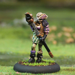 Cacciatore 6 by Oakbound Stuido. A lead pewter miniature of a female with her hair down, wearing a hat, boots and sheathing her sword, a great miniature for your tabletop and RPGs. 
