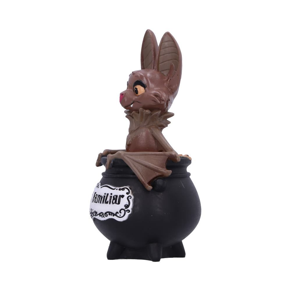 My Lil Familiar Vesper bat figurine.  An adorable ornament of a smiling bat appearing from a black cauldron with the phrase My Lil' Familiar to symbolise you conjuring this cutie from the cauldron to be your familiar pet