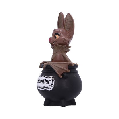 My Lil Familiar Vesper bat figurine.  An adorable ornament of a smiling bat appearing from a black cauldron with the phrase My Lil' Familiar to symbolise you conjuring this cutie from the cauldron to be your familiar pet