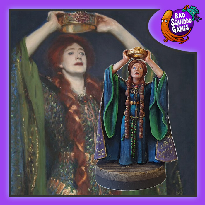 Bad Squiddo Games Lady Macbeth.  A metal miniature representing the wife of the tragic hero in the Shakespeare tragedy Macbeth and sculpted based on the artwork of John Singer Sargent 