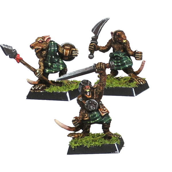 Gnawloch Warriors set 1 by Oakbound Studio. A set of three lead pewter miniatures of Gnawloch rat warriors with various weapons, poses and full of character