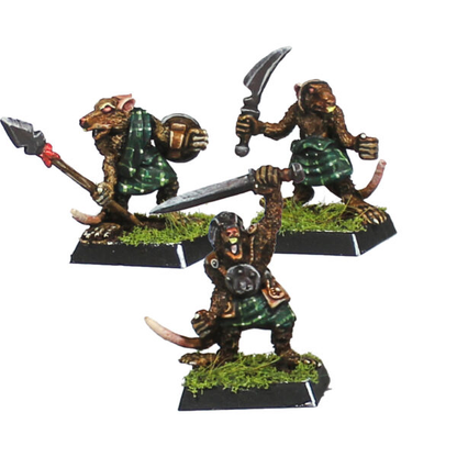 Gnawloch Warriors set 1 by Oakbound Studio. A set of three lead pewter miniatures of Gnawloch rat warriors with various weapons, poses and full of character