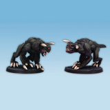 Demonic Dogs by Crooked Dice, two 28mm scale resin miniatures representing a pair of hell hound creatures with pointed teeth, sharp claws and horns for your RPG or tabletop game.&nbsp;&nbsp;