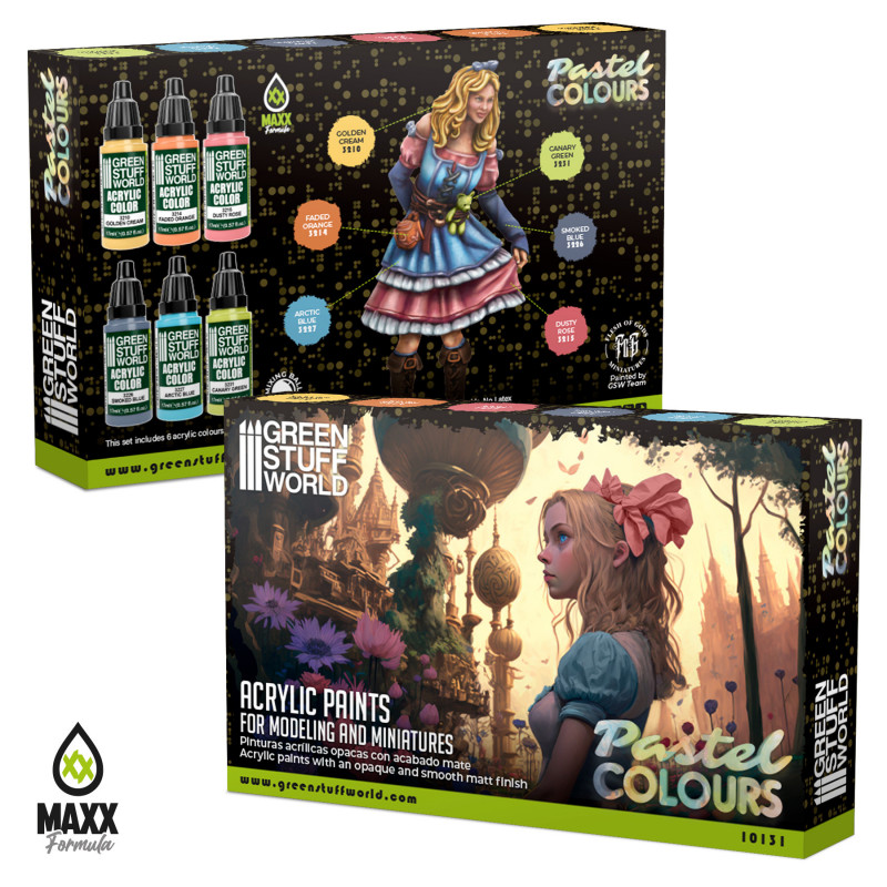 Pastel Colours Paint Set by Green Stuff World. A set of 6 acrylic paints with an opaque and smooth matt finish to help you achieve the pastel look you desire for your miniatures. Made using the new Green Stuff World Maxx Formula 