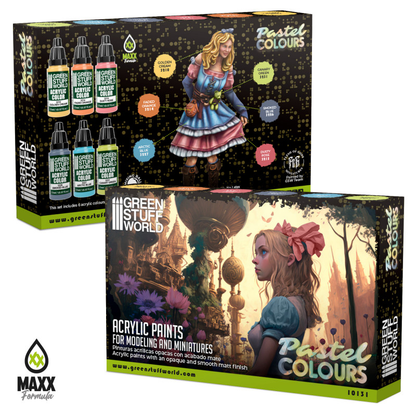 Pastel Colours Paint Set by Green Stuff World. A set of 6 acrylic paints with an opaque and smooth matt finish to help you achieve the pastel look you desire for your miniatures. Made using the new Green Stuff World Maxx Formula 