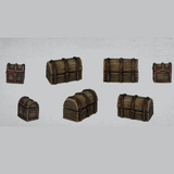 Chest Set by Crooked Dice a pack of seven wooden chest miniatures being four large chests at approximately 32mm long, 21mm wide and 16mm high and three smaller chests at 21mm long, 18mm wide and 13mm high. 