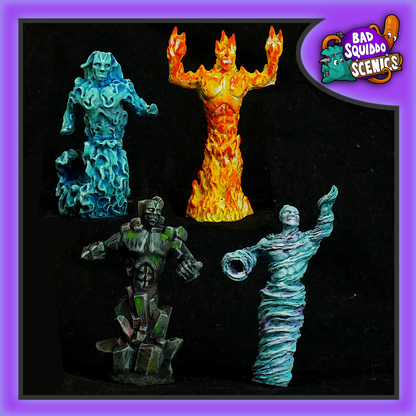 Bad Squiddo Games Elementals.  A pack of four resin miniatures representing the elements of wind, fire, earth and water with humanoid faces and arms making a great edition to your RPG 