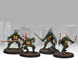 Mutant Martial Artists by Crooked Dice.&nbsp; A pack of four metal miniatures representing turtles who know how to perform martial arts sporting various weapons with one riding a skateboard for your nostalgic RPGs and tabletop games.