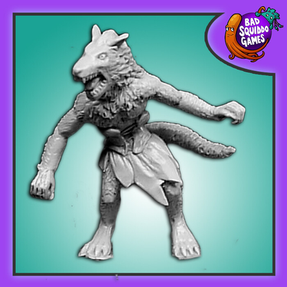 Bad Squiddo Games Elena The Werewolf. A metal miniatures representing a female werewolf in a red dress (maybe Little Red Riding Hood has an accident with the wrong wolf?) for your RPGs and hobby needs.