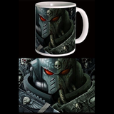 Warhammer 40k Frontispiece Mug. A white mug that will a make a great gift for a Warhammer 40k, or  Space Marine fan. 