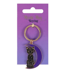 Mystic Mog sitting cat in crescent moon keyring, a black cat sat up with gold moon and stars detail, sat in a purple crescent moon with gold keyring for you to add this lovely alloy keyring to your bag or keys. A great gift for a mystical friend or for yourself.