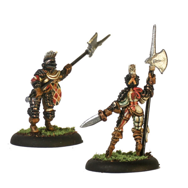 Alvi D’Arme 2 by Oakbound Studio. A pack of two lead pewter miniatures holding polearm style weapons, wearing armour and headdresses, great for your tabletop and RPGs. 